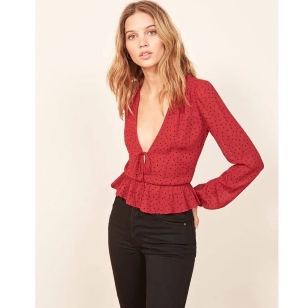 Gorgeous Reformation Nikki Red Polka Dot Blouse Size XS